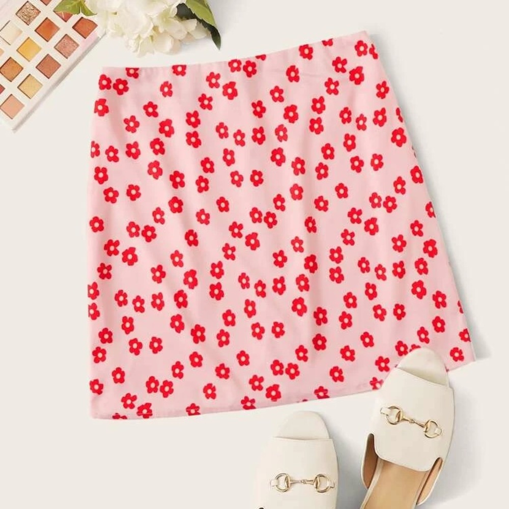 Shein Pink Floral Print Zippered Mini Skirt